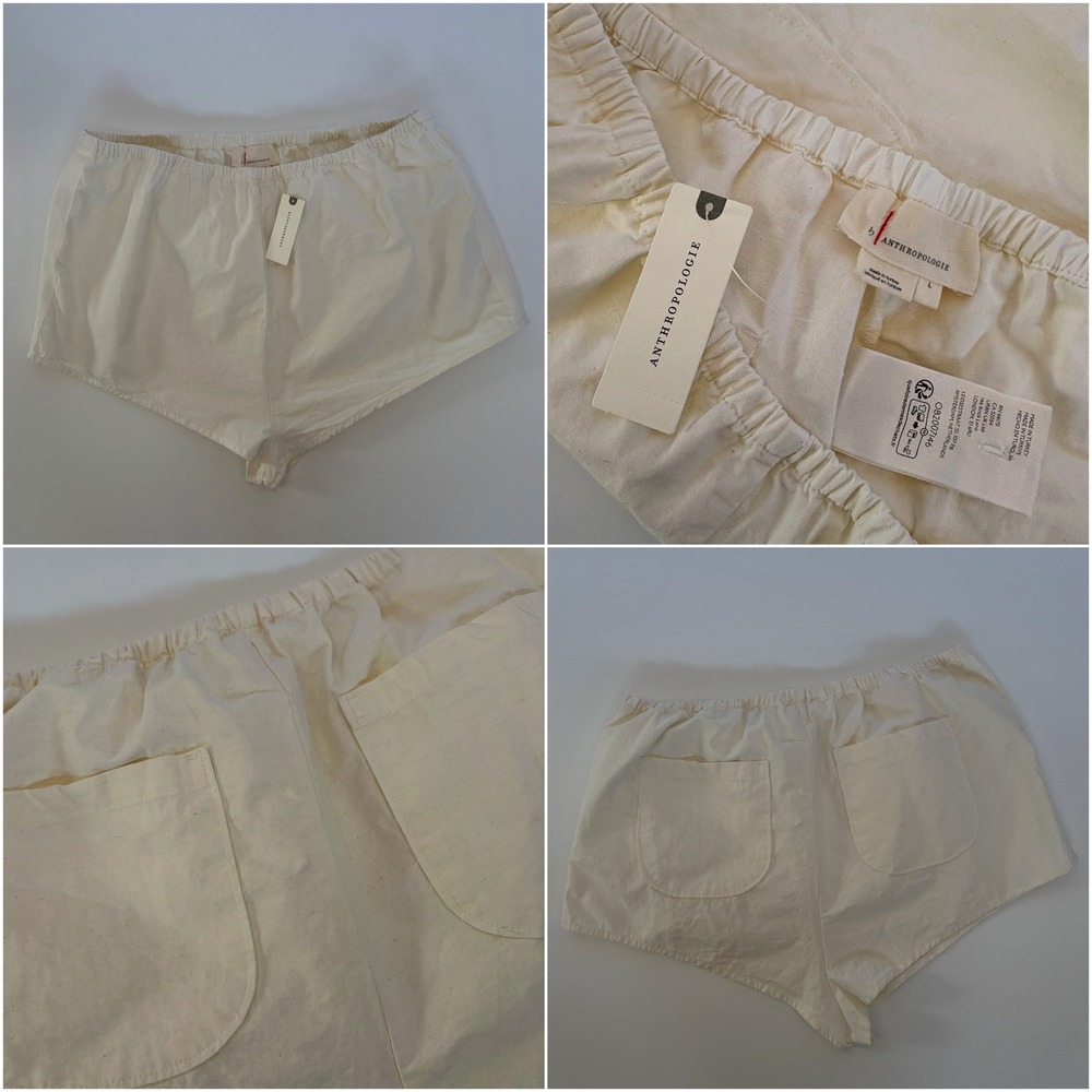 NWT Anthropologie Ivory Linen Micro Tap Shorts L High Rise Pull On Beach Resort